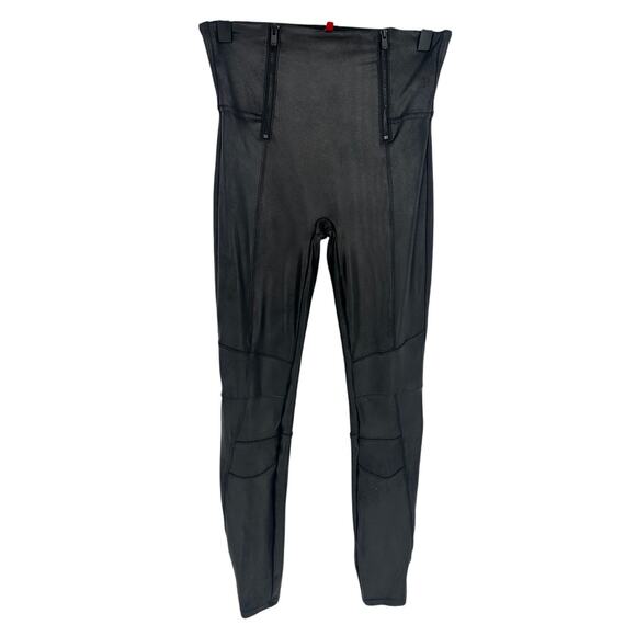 SPANX Pants - Spanx Hip Zip Leggings Faux Leather Black Moto Style Seaming Athleisure Gym M